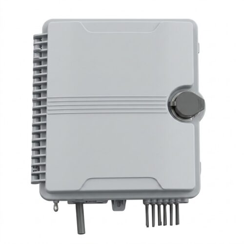 Outdoor waterproof 8 port fiber optic termination distribution box with side hinge and drop cable ports front view